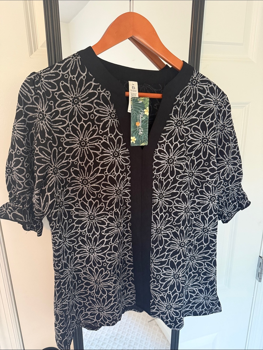 Black Floral Embroidered Short-Sleeve Top | New With Tag